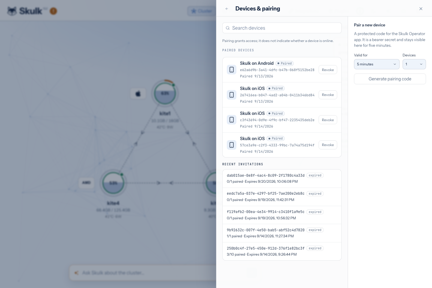 Devices and pairing with invitation generation controls