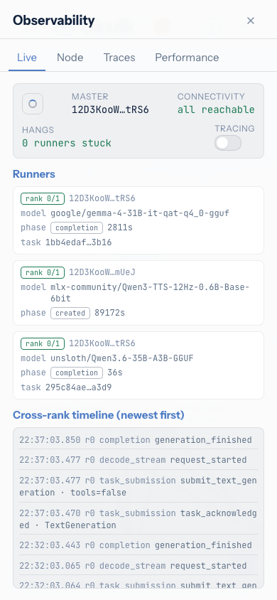 Observability sheet showing live runner phases