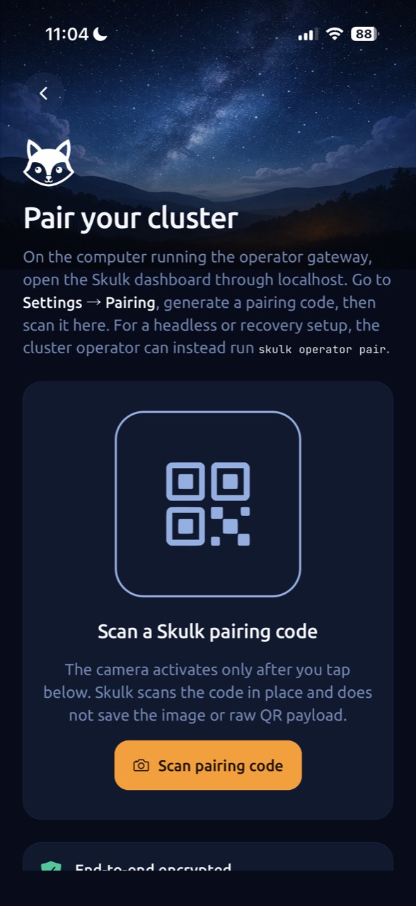 Skulk phone app pairing screen with the Scan pairing code control