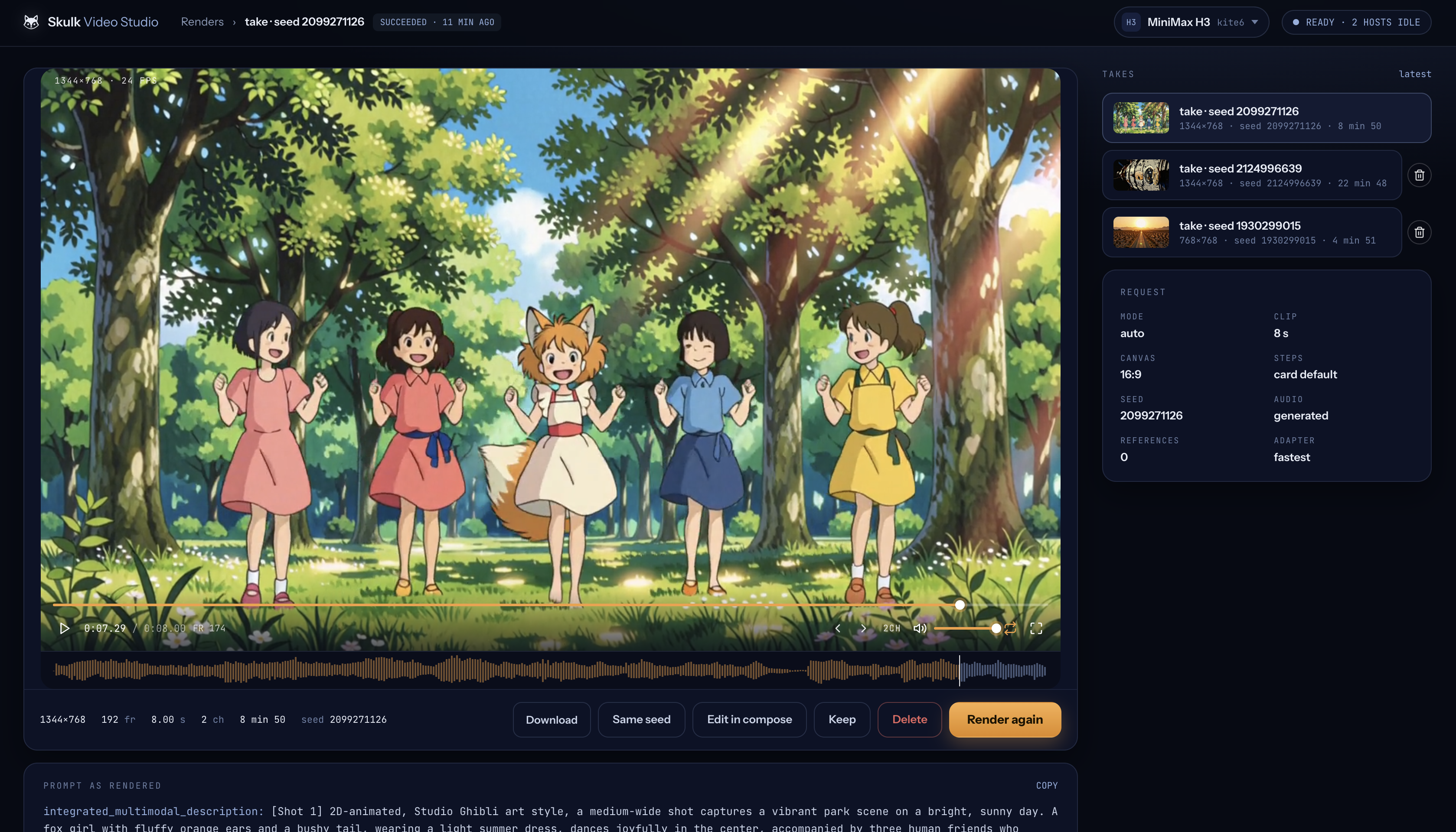 Completed video in the Studio player, with its request, waveform, takes, and artifact controls